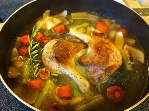 add browned legs bring to boil with the browned veggies before putting into oven